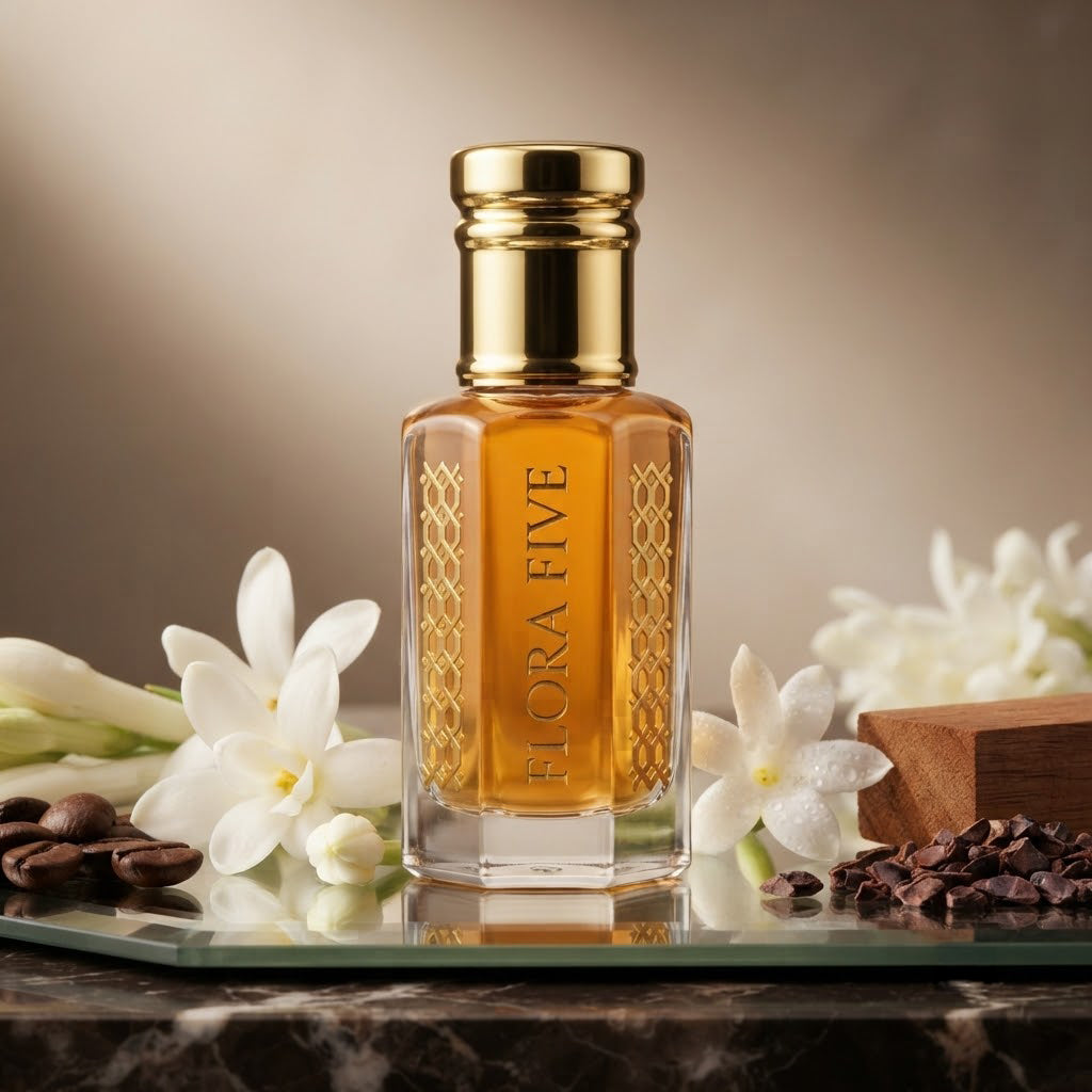 Carolina Herrera Good Girl Inspired Attar by Flora Five — gold-capped bottle of golden amber oil on a mirror with tuberose flowers, coffee beans and cacao – 3, 6 and 12 ml