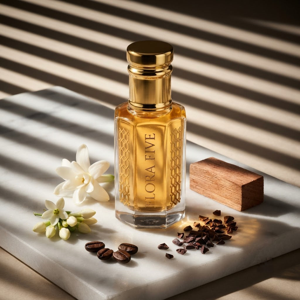 Carolina Herrera Good Girl Inspired Attar by Flora Five — gold-capped bottle of golden amber oil on stone in striped light with jasmine, coffee beans and a cedar block – 3, 6 and 12 ml