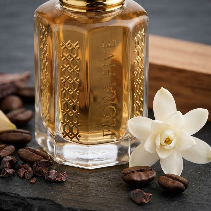 Carolina Herrera Good Girl Inspired Attar by Flora Five — close-up of a gold-capped bottle of golden amber oil with tuberose and coffee beans – 3, 6 and 12 ml