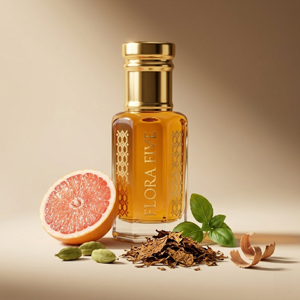 Tobacco & Amber oriental leather attar — alcohol-free perfume oil by Flora Five