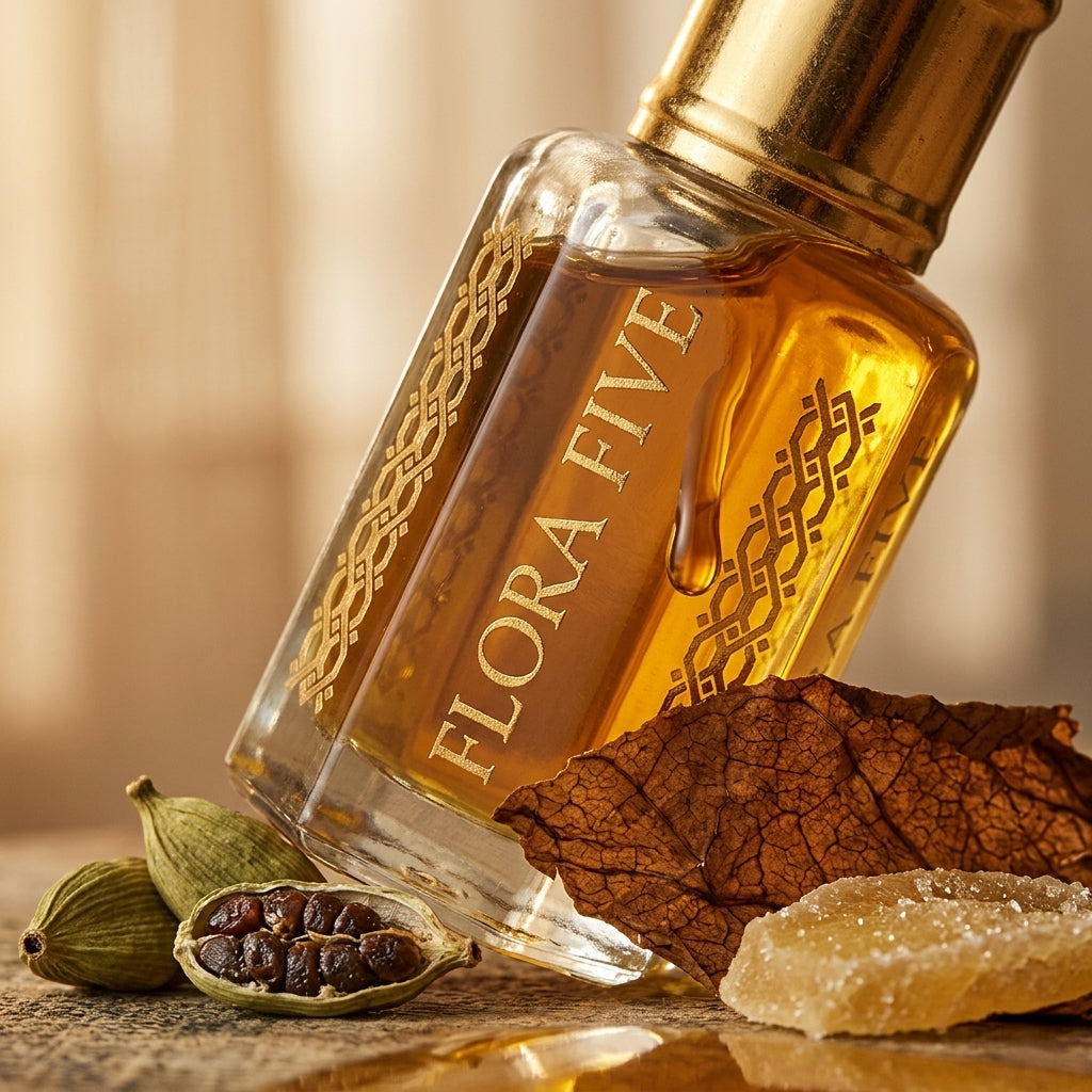 Tobacco & Amber oriental leather attar — alcohol-free perfume oil by Flora Five