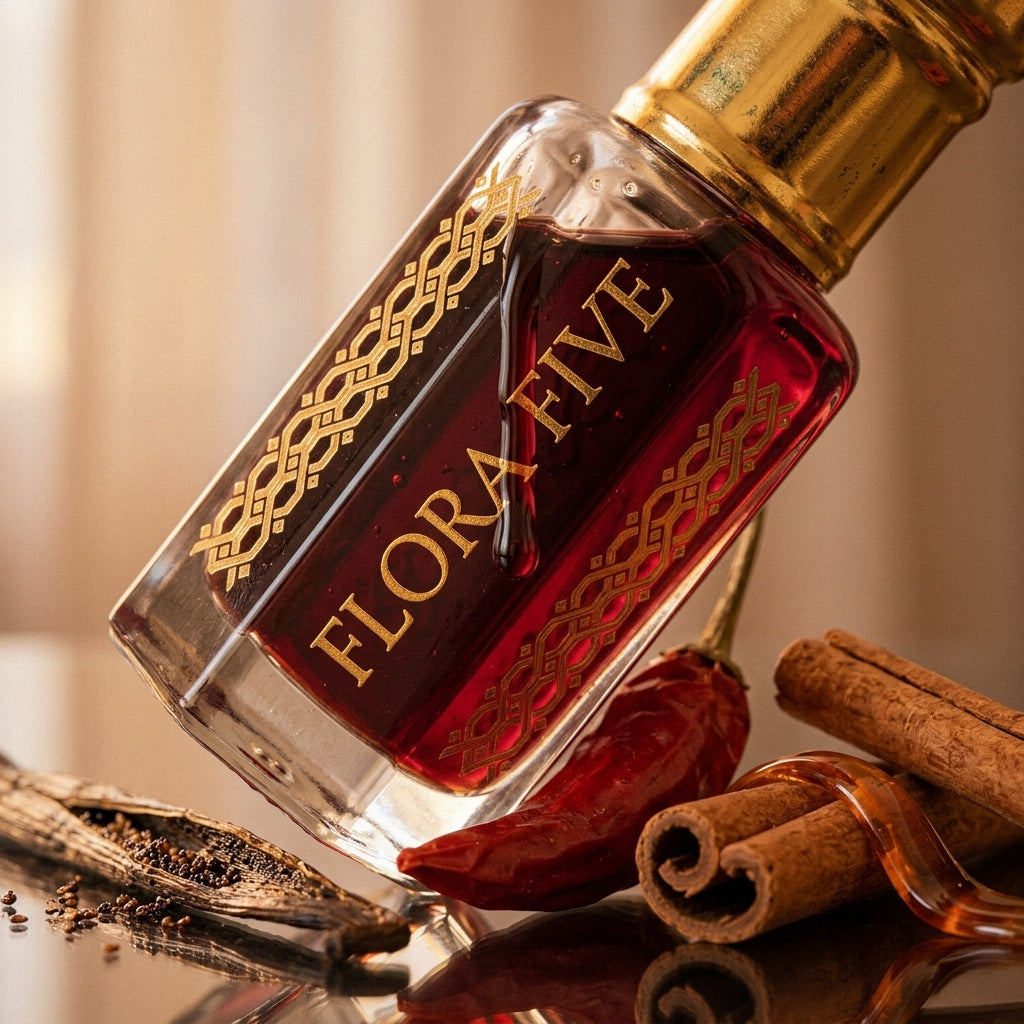 Dunhill Red — red pepper · lemon · cinnamon · star anise & caramel · vanilla · cedarwood · amber · soft woods oriental attar by Flora Five