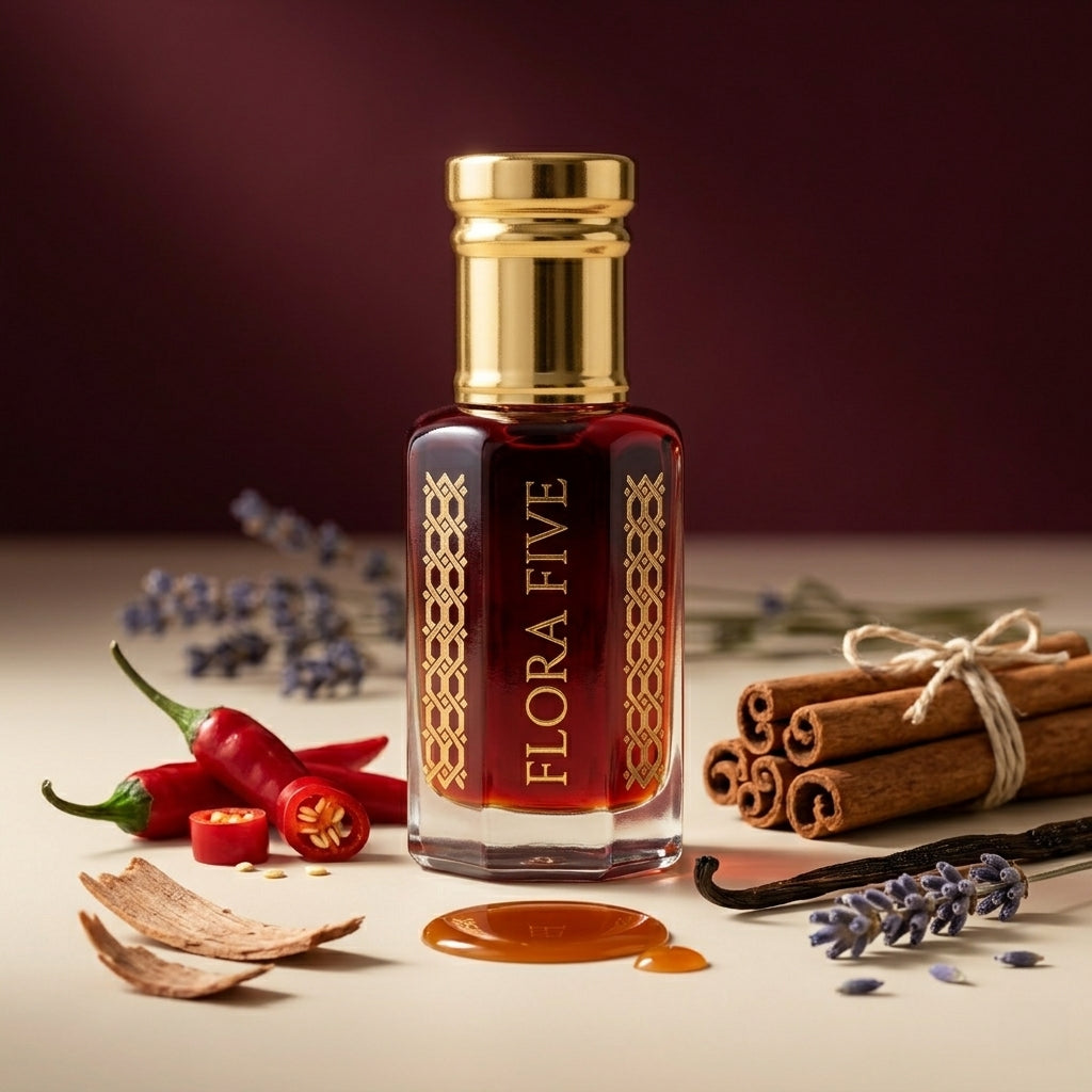 Dunhill Red — red pepper · lemon · cinnamon · star anise & caramel · vanilla · cedarwood · amber · soft woods oriental attar by Flora Five
