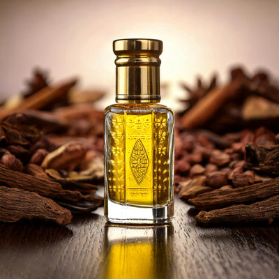Tom Ford Oud Wood inspired unisex oud by Flora Five — alcohol-free oudh oil: golden oil in a bottle with a medallion print among oud wood and cloves – 3, 6 and 12 ml