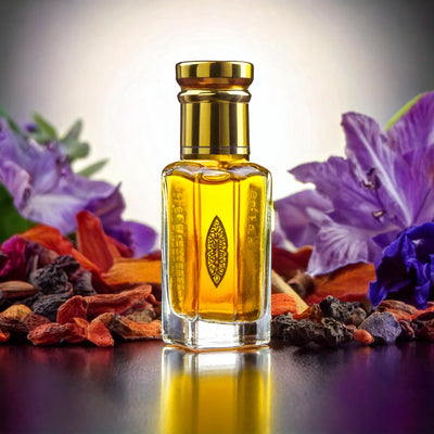 Prada L'Homme inspired attar for men by Flora Five — alcohol-free perfume oil: golden oil in a bottle with a medallion print among iris and dried fruit on purple – 3, 6 and 12 ml