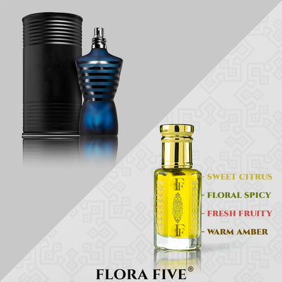 Jean Paul Gaultier Ultra Male inspired attar for men by Flora Five — alcohol-free perfume oil: graphic of a yellow oil bottle with a medallion print beside the original designer bottle and box – 3, 6 and 12 ml