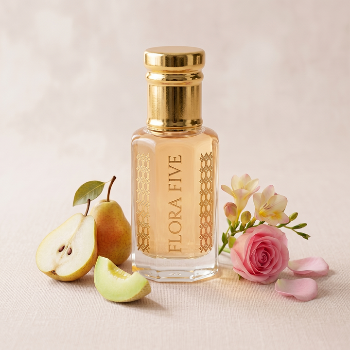 Pear & Patchouli floral attar — alcohol-free perfume oil by Flora Five (Jo Malone English Pear & Fressia)