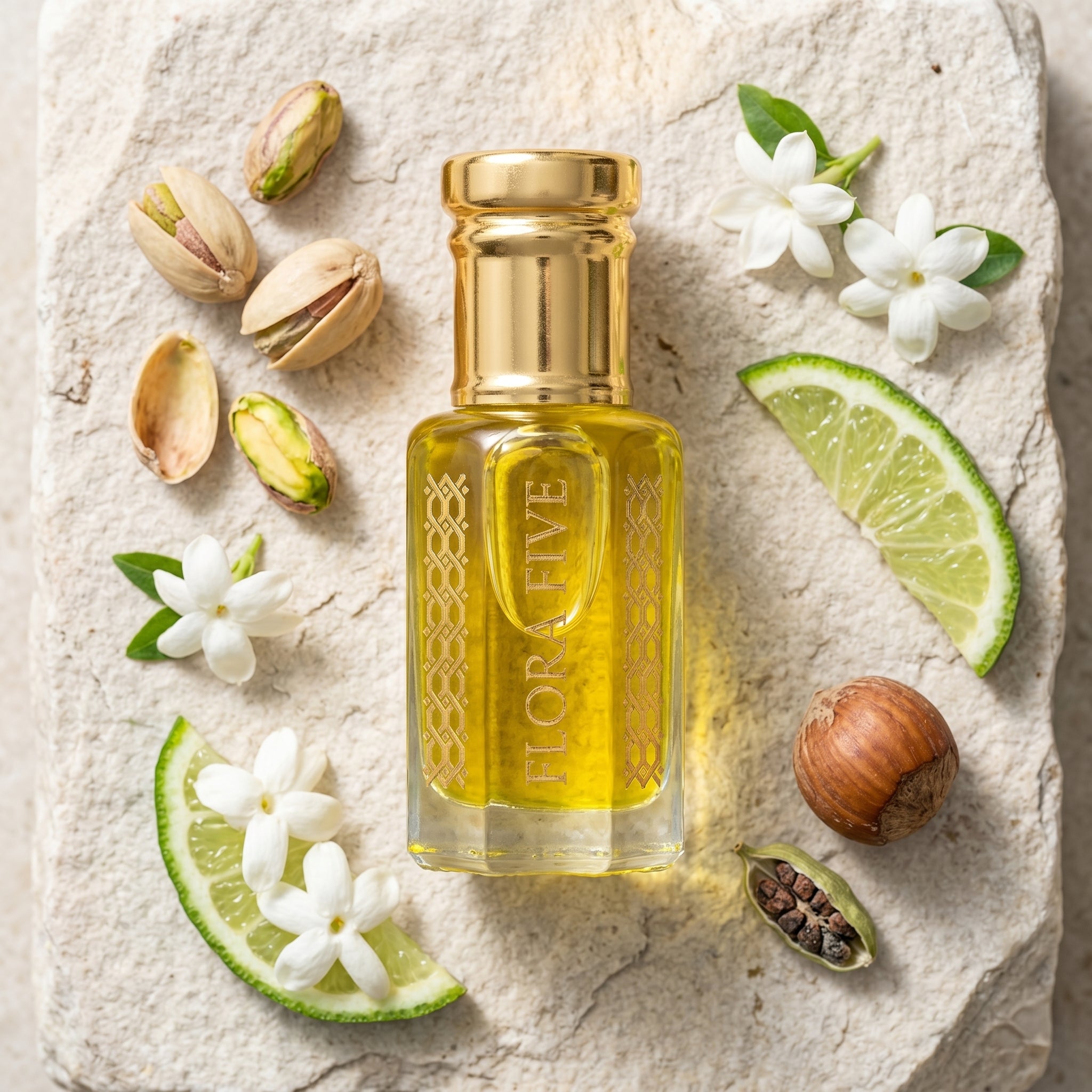 Pistachio & Vanilla Gourmand Citrus Attar — Alcohol-Free Perfume Oil | Flora Five
