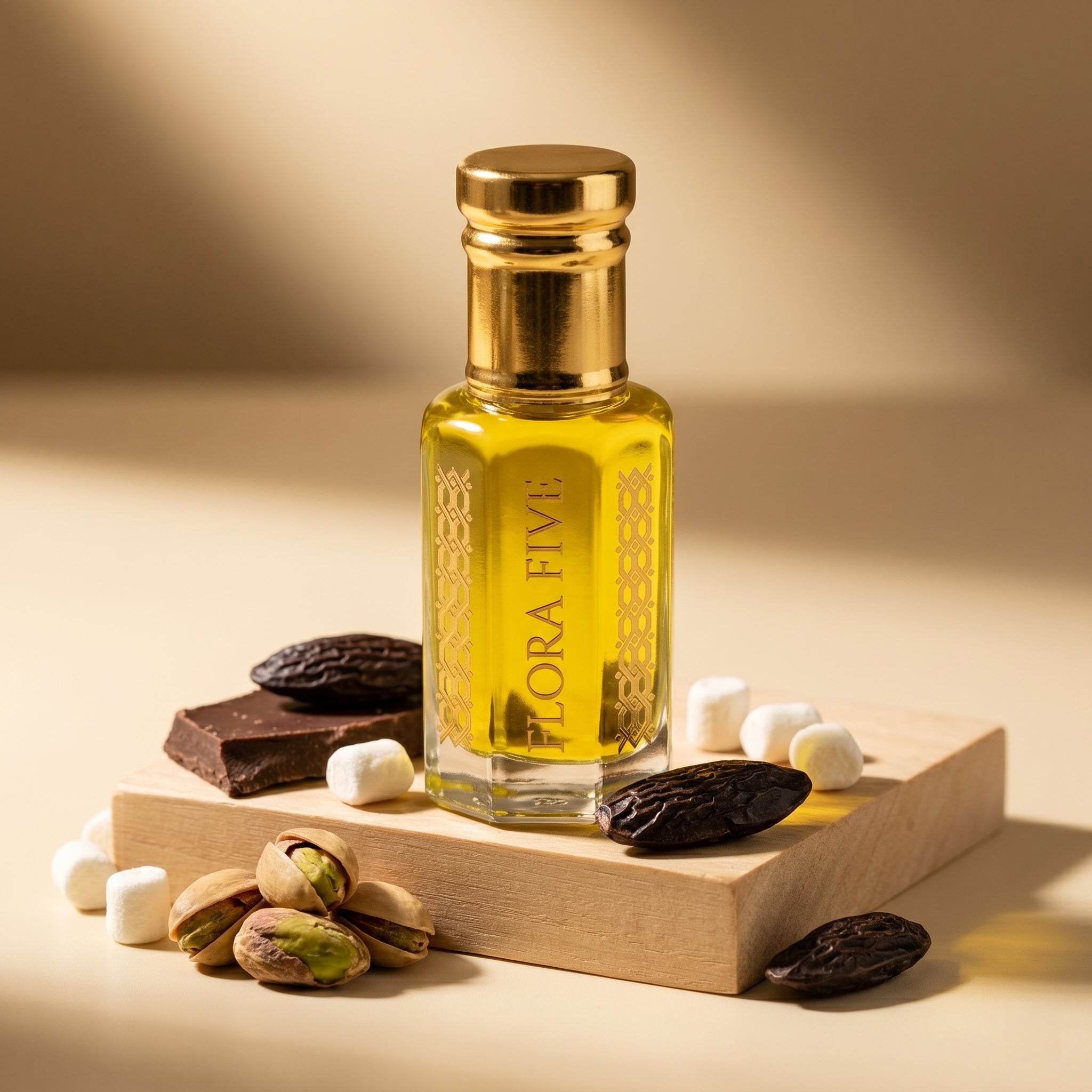 Pistachio & Vanilla gourmand attar — alcohol-free perfume oil by Flora Five (Kayali Yum Pistachio Gelato)