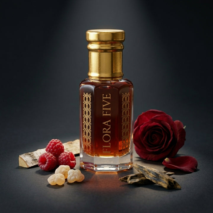 Raspberry & Benzoin Amber Woody Attar — Alcohol-Free Perfume Oil | Flora Five