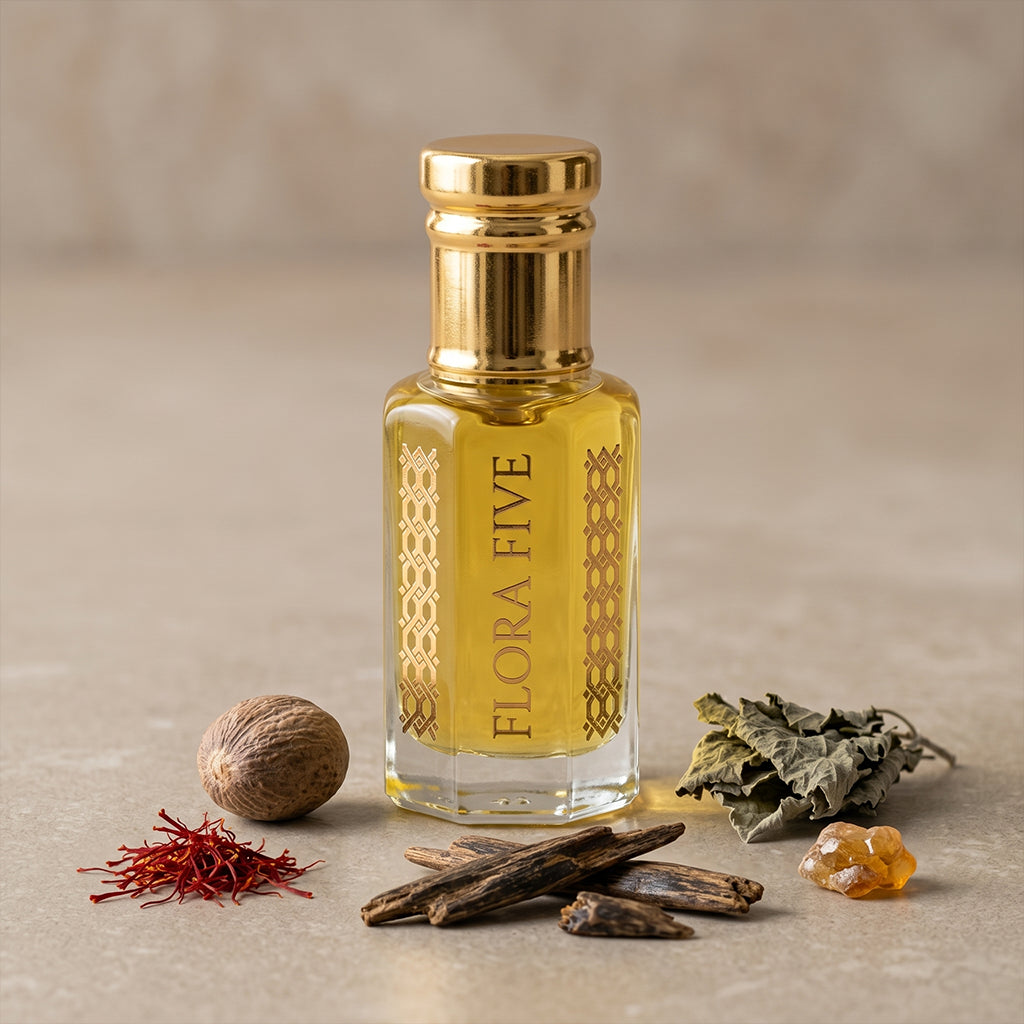 Saffron & Amber Woody Spicy Attar — Alcohol-Free Perfume Oil | Flora Five