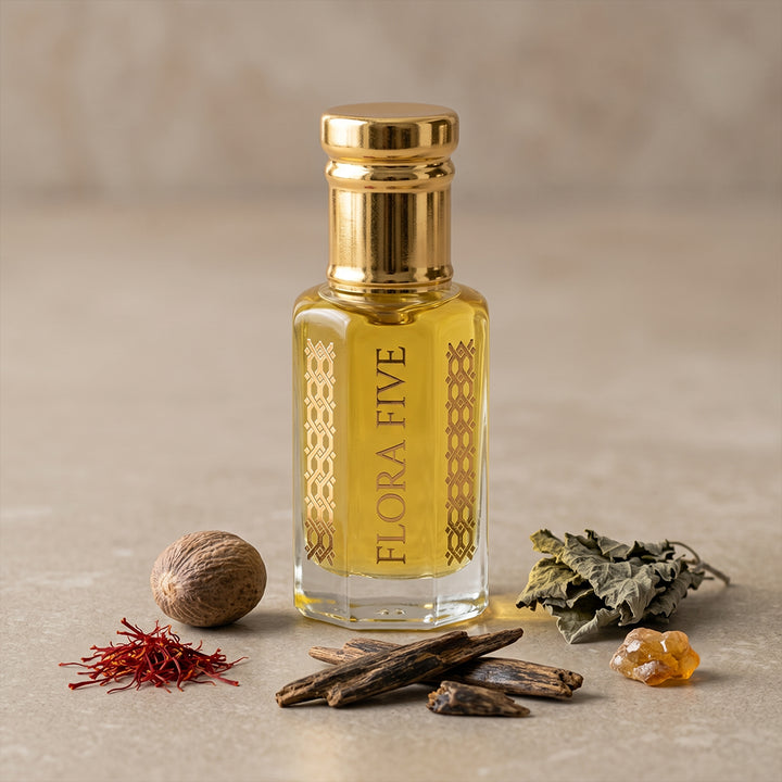 Saffron & Amber Woody Spicy Attar — Alcohol-Free Perfume Oil | Flora Five