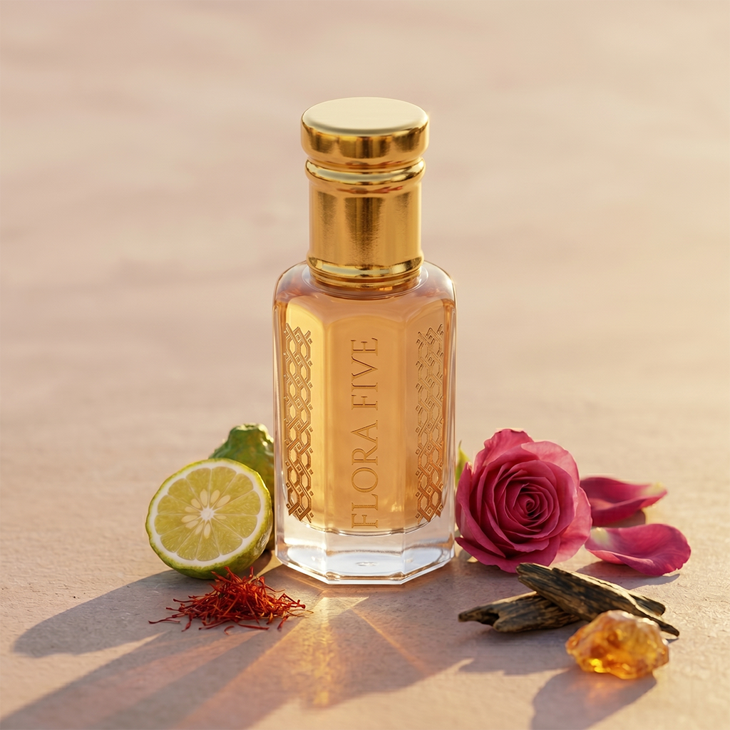 Saffron & Amber Woody Amber Attar — Alcohol-Free Perfume Oil | Flora Five