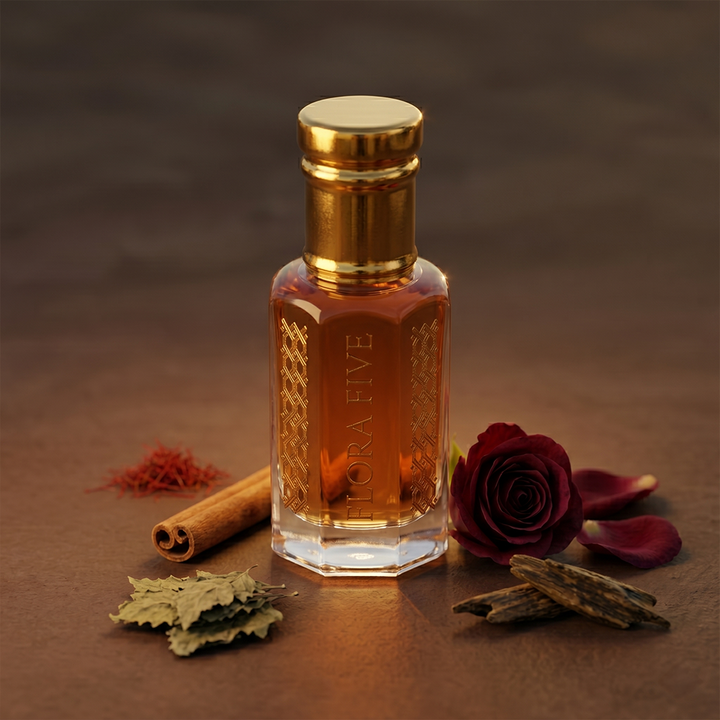 Saffron & Amber Woody Spicy Attar — Alcohol-Free Perfume Oil | Flora Five