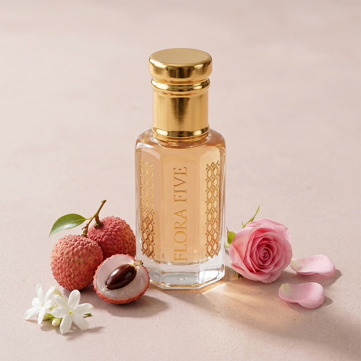 Lychee & Musk floral attar — alcohol-free perfume oil by Flora Five (Litchi Rose)