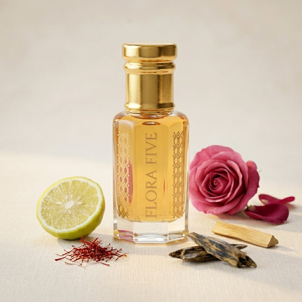 Saffron & Sandalwood Woody Amber Attar — Alcohol-Free Perfume Oil | Flora Five