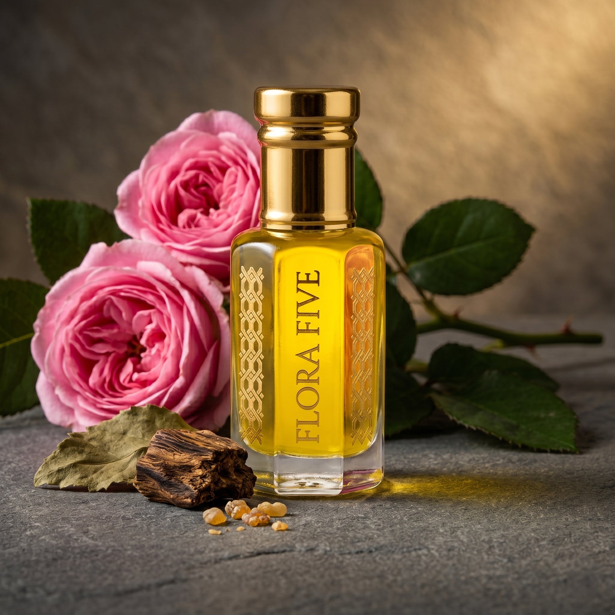 Saffron & Oud woody attar — alcohol-free perfume oil by Flora Five (LV Les Sables Roses)