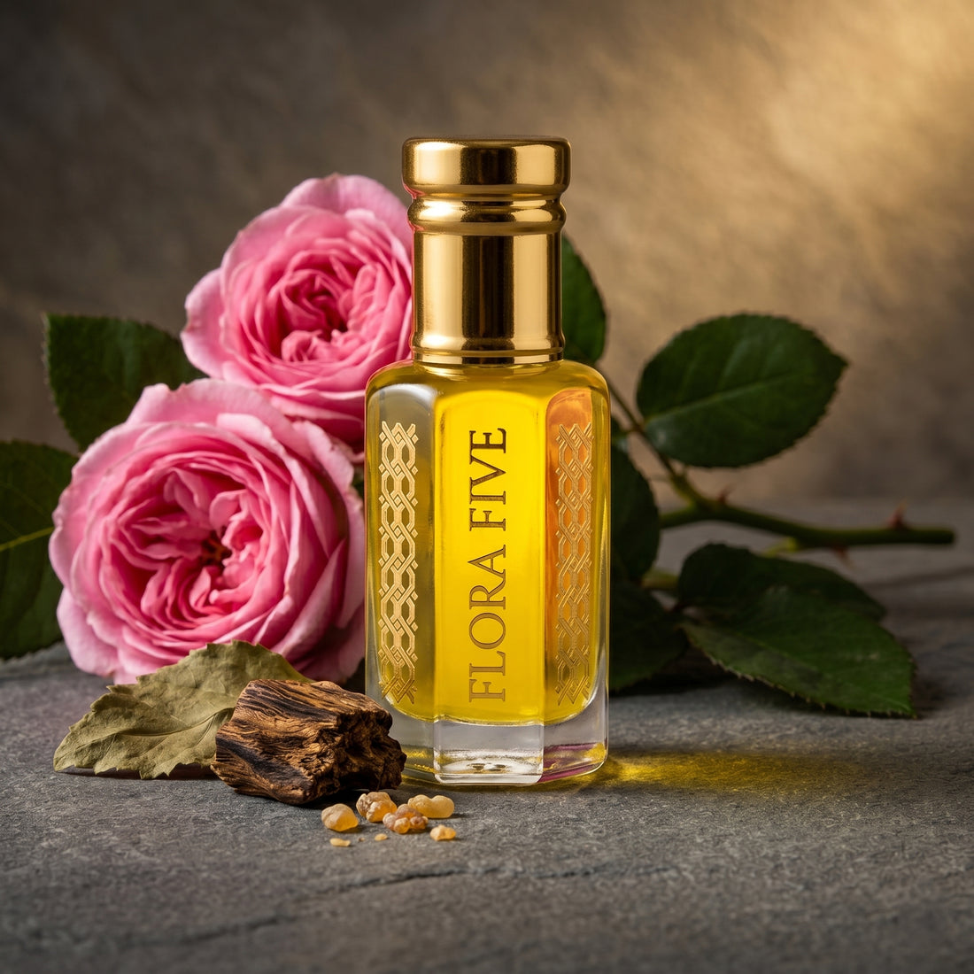 Saffron & Oud woody attar — alcohol-free perfume oil by Flora Five (LV Les Sables Roses)