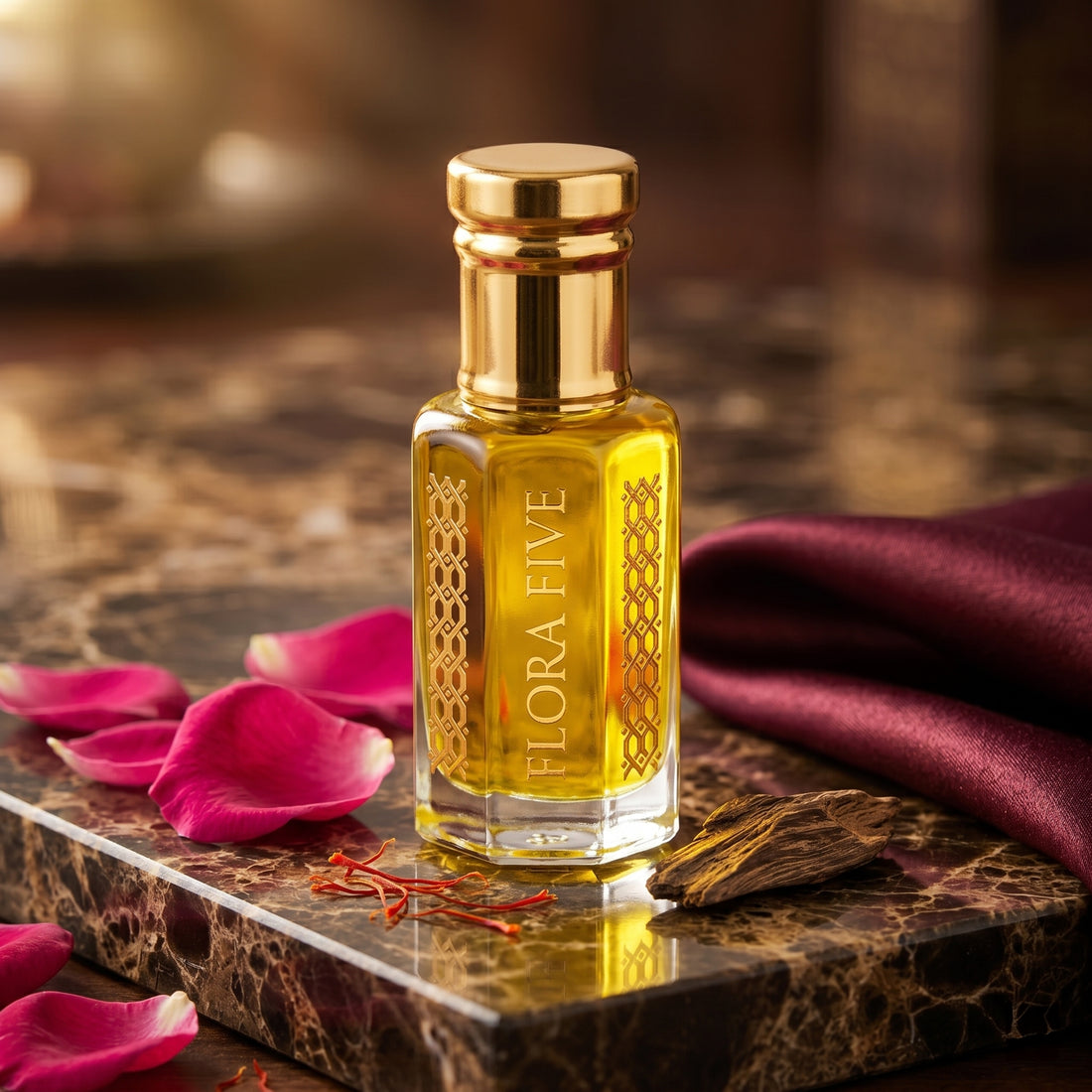 Saffron & Oud woody attar — alcohol-free perfume oil by Flora Five (LV Les Sables Roses)