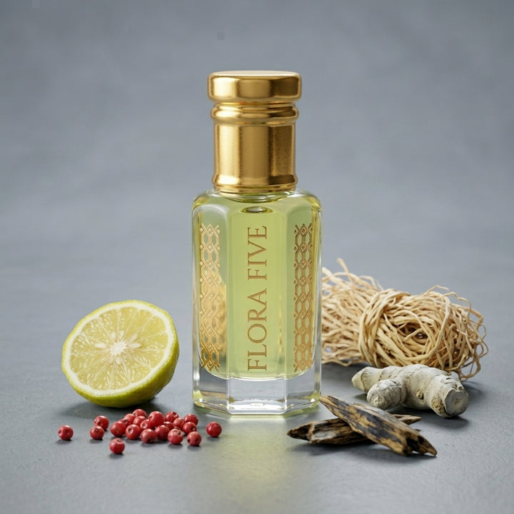 Bergamot & Agarwood (Oud) Woody Floral Attar — Alcohol-Free Perfume Oil | Flora Five
