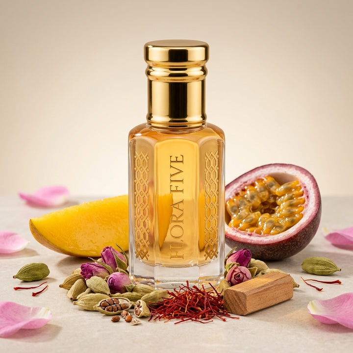 Flora Five Mukhallat Al Badr attar oil – oriental oud and sandalwood fragrance for winter evenings