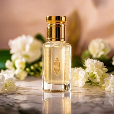 Musk Al Tahara Attar by Flora Five – alcohol-free oil perfume with soft powdery white musk, floral notes, amber, and tonka beans in an elegant golden bottle