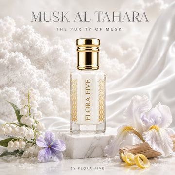 Musk Al Tahara Attar, unisex — alcohol-free perfume oil by Flora Five: milky white oil on marble with iris and lily of the valley, MUSK AL TAHARA