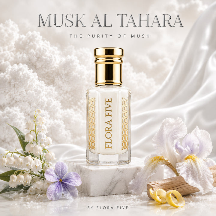 Musk Al Tahara Attar by Flora Five, an alcohol-free white musk perfume oil in regular and fancy glass bottles