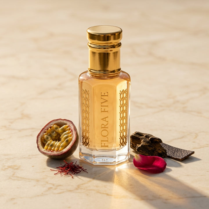 Oud Maracuja attar by Flora Five — alcohol-free passionfruit and oud perfume oil in 3, 6 and 12 ml roll-on sizes