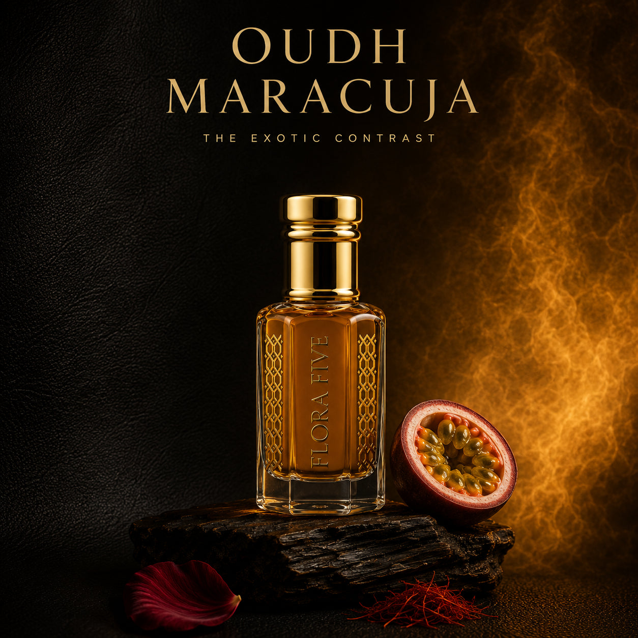 Oud Maracuja inspired attar roll-on bottle by Flora Five — passionfruit and oud alcohol-free perfume oil
