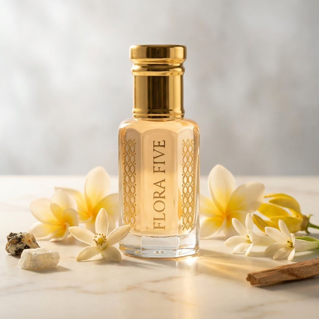 Frangipani & Vanilla Floral Woody Attar — Alcohol-Free Perfume Oil | Flora Five