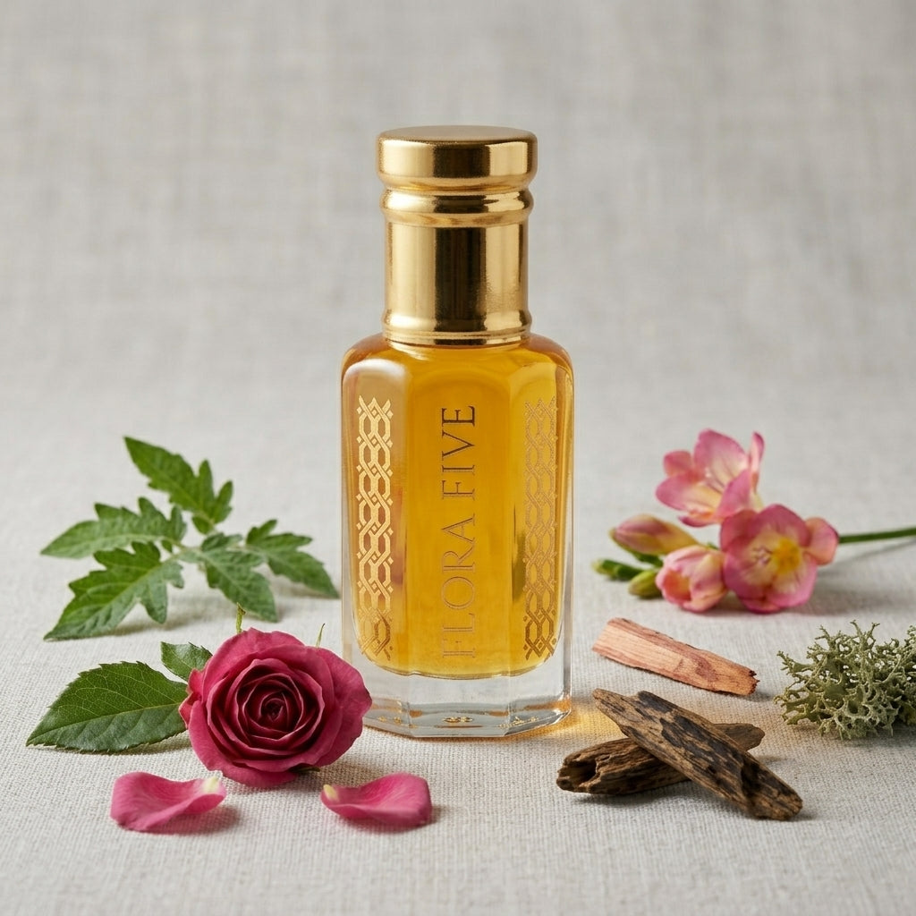 Bergamot & Oud Floral Woody Attar — Alcohol-Free Perfume Oil | Flora Five