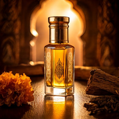 Sandalwood Attar by Flora Five — amber oil in a bottle with a medallion print before a glowing arch with marigolds and wood – 3, 6 and 12 ml