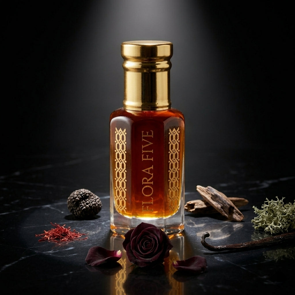 Noir de Noir inspired attar – alcohol-free saffron, black rose & oud perfume oil roll-on by Flora Five