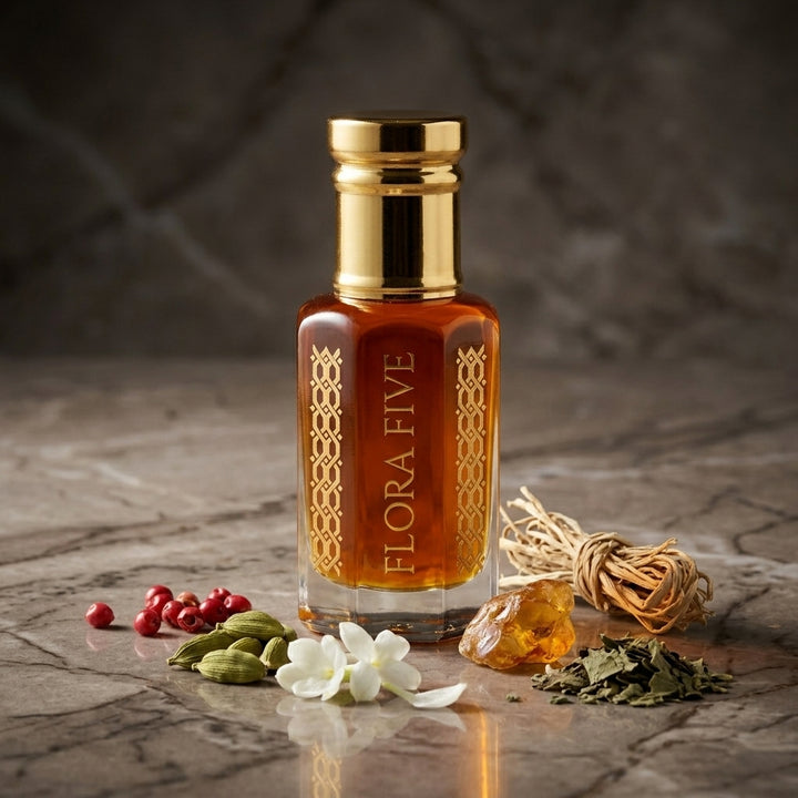 Cardamom & Patchouli Floral Leather Attar — Alcohol-Free Perfume Oil | Flora Five