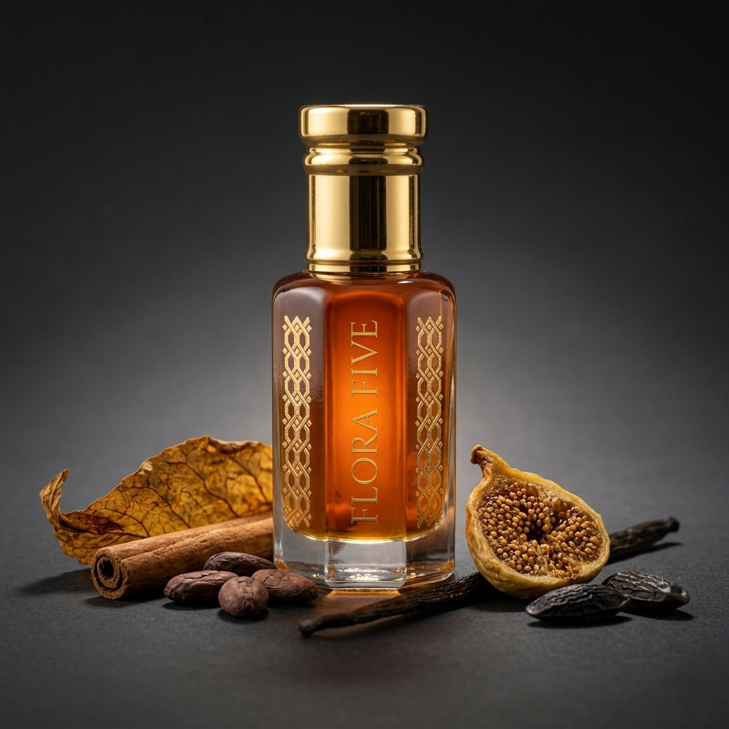 Tobacco Leaf & Dried Fruits Leather Gourmand Attar — Alcohol-Free Perfume Oil | Flora Five