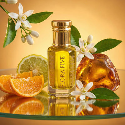 Tomford Neroli Portifino attar by Flora Five in a luxury glass perfume oil bottle surrounded by citrus fruits, white neroli blossoms, and warm amber tones