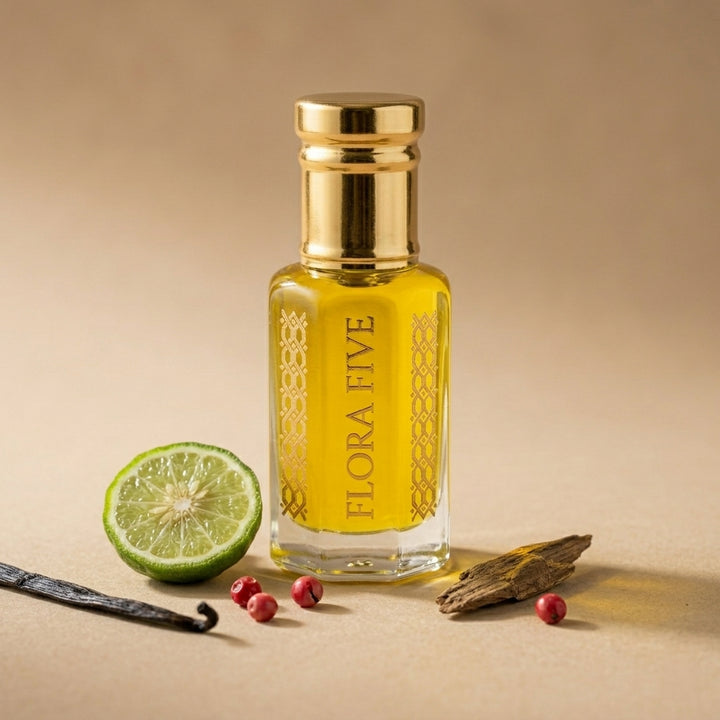 Flora Five Tuxedo Attar — woody amber roll-on attar oil, 6 ml glass bottle