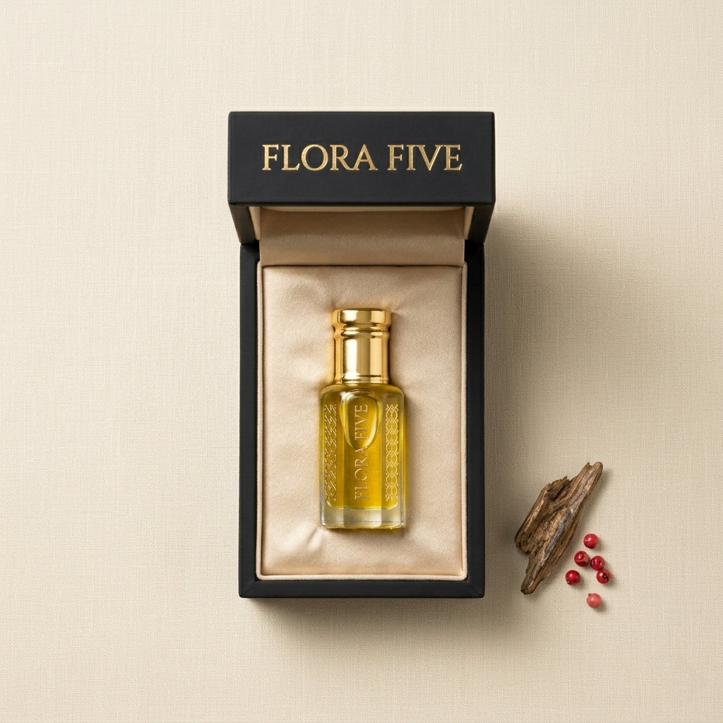 Flora Five Tuxedo Attar gift box — woody amber attar oil packaged for gifting