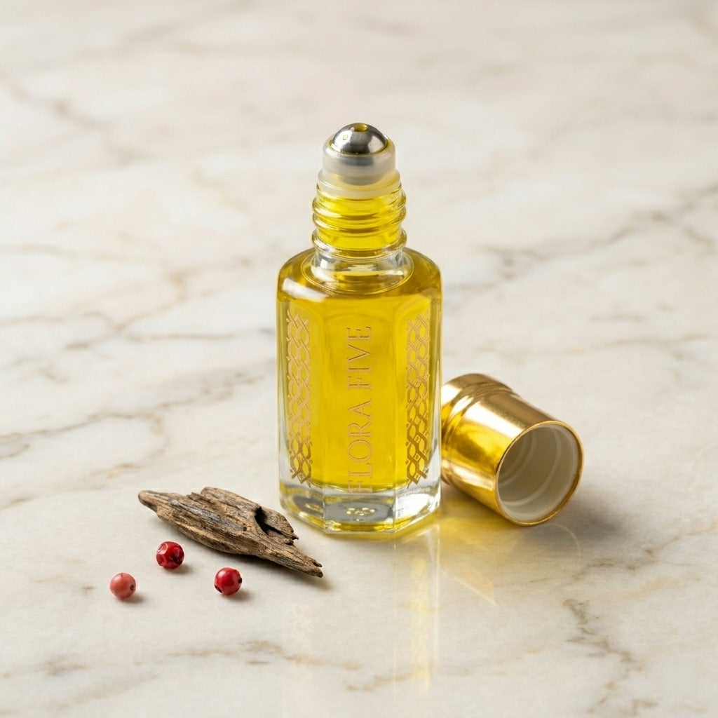 Flora Five Tuxedo Attar roll-on applicator close-up — stainless steel ball