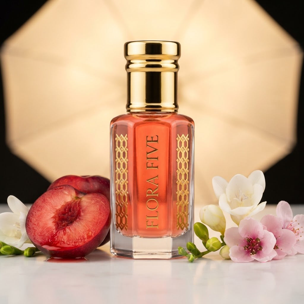 Victoria's Secret Pure Seduction Inspired Attar by Flora Five — gold-capped bottle of coral-red oil in a studio with blood plums, freesia and pink blossoms – 3, 6 and 12 ml