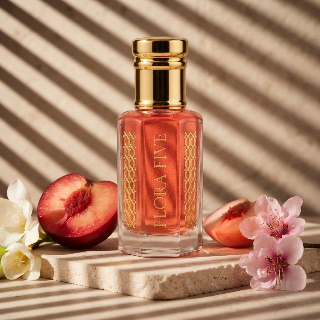 Victoria's Secret Pure Seduction Inspired Attar by Flora Five — gold-capped bottle of coral-red oil on a striped-light ledge with blood plums and pink blossoms – 3, 6 and 12 ml
