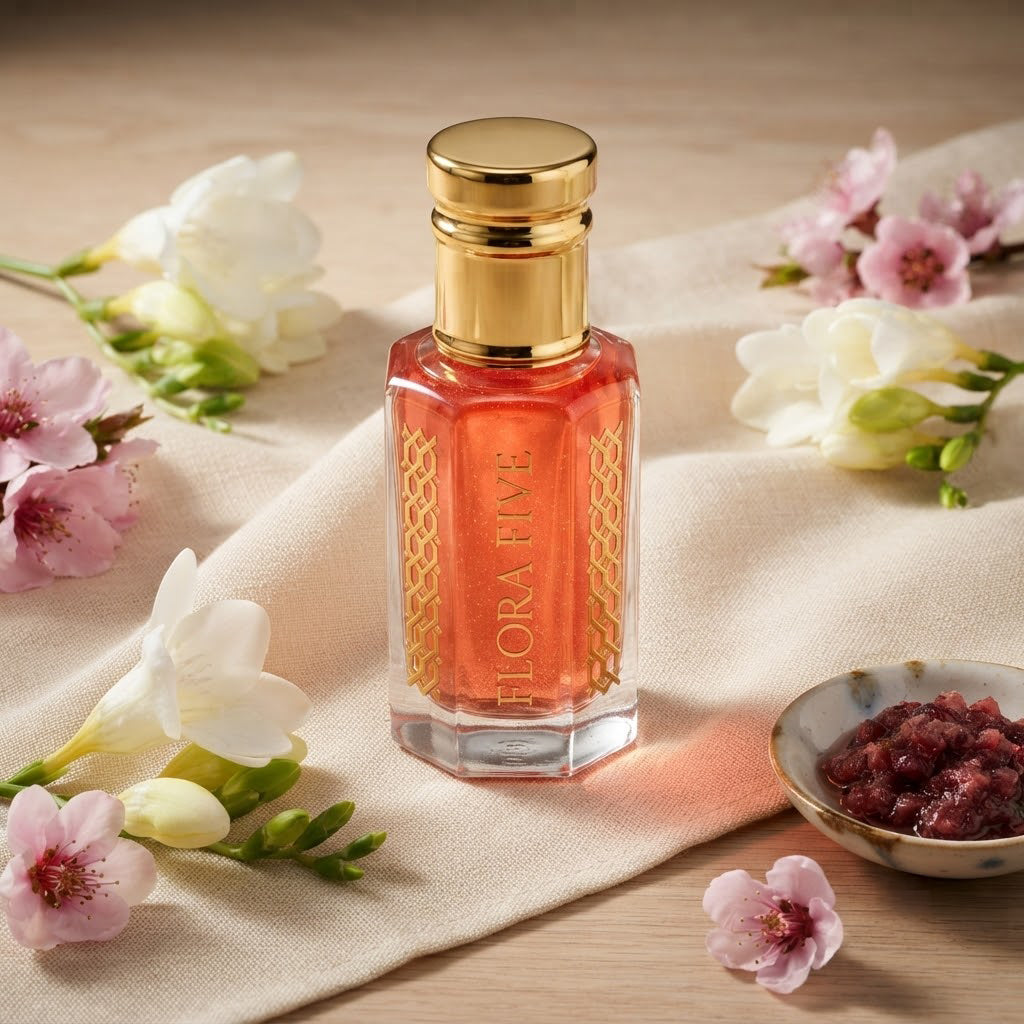 Victoria's Secret Pure Seduction Inspired Attar by Flora Five — gold-capped bottle of coral-red oil on linen with freesia, pink blossoms and a dish of dried berries – 3, 6 and 12 ml