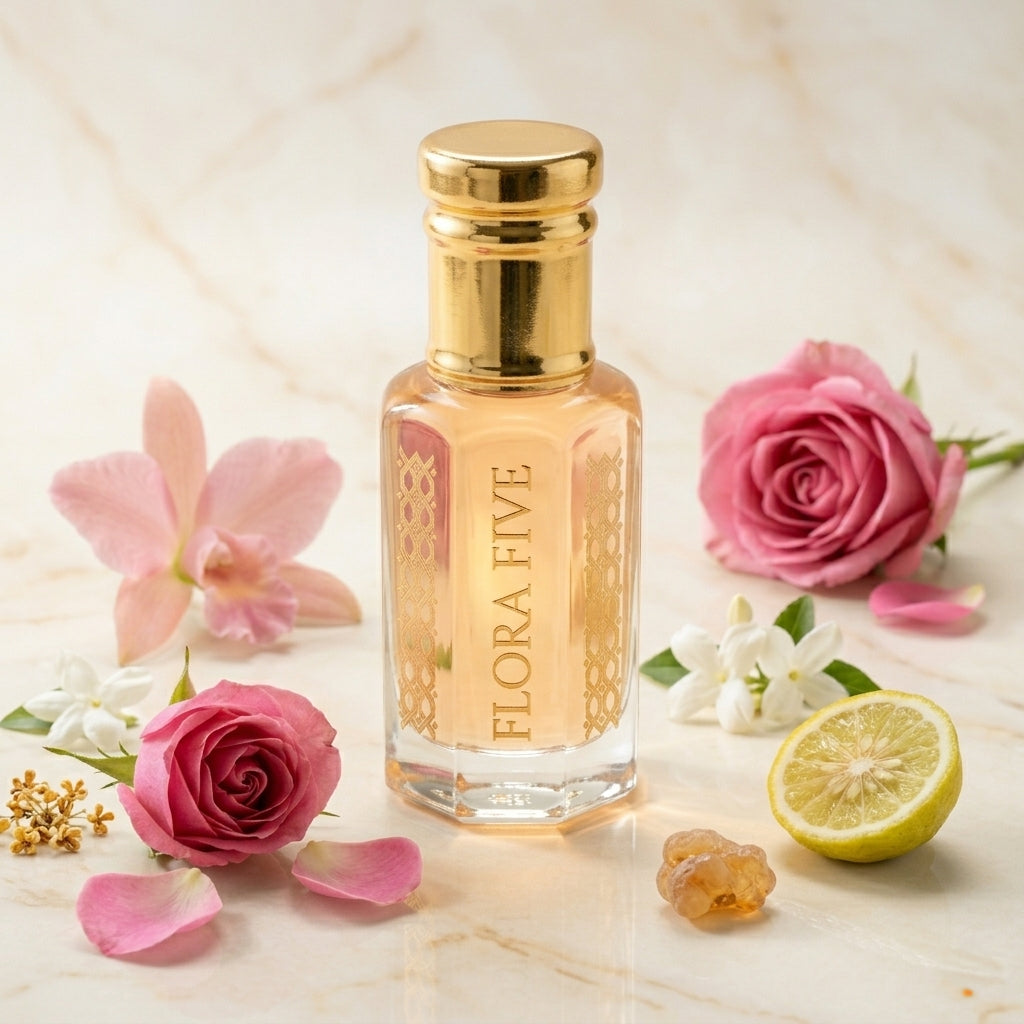 Tea & Patchouli Floral Citrus Attar — Alcohol-Free Perfume Oil | Flora Five