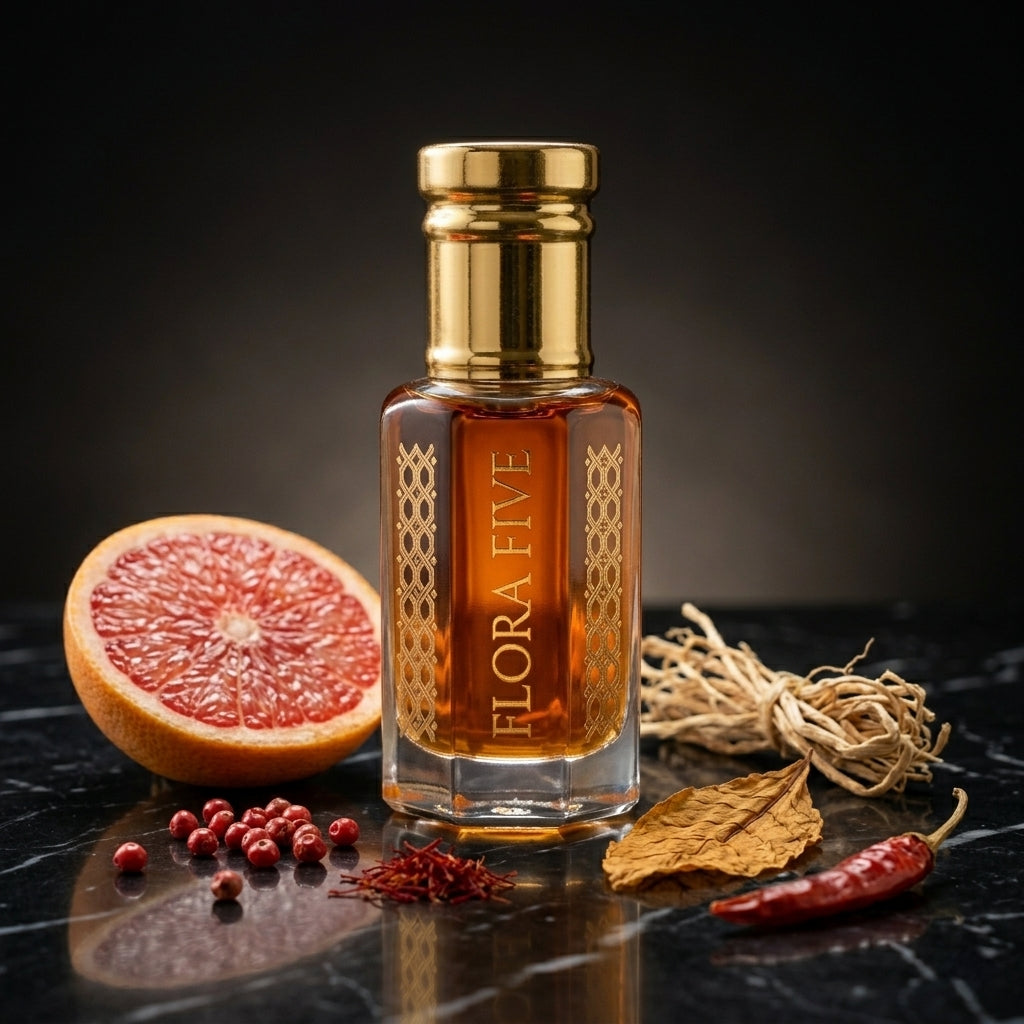 Bergamot & Tobacco Spicy Leather Attar — Alcohol-Free Perfume Oil | Flora Five