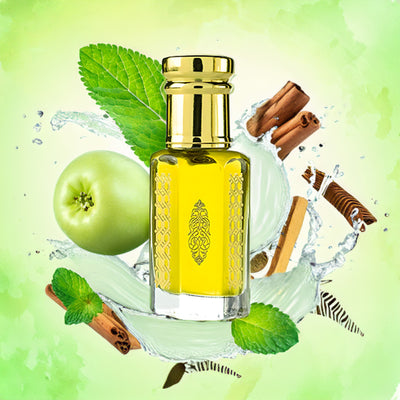 Hugo Boss Bottled Marine inspired attar for men by Flora Five — alcohol-free perfume oil: bright yellow oil in a bottle with a medallion print in a splash with green apple, mint and cinnamon – 3, 6 and 12 ml