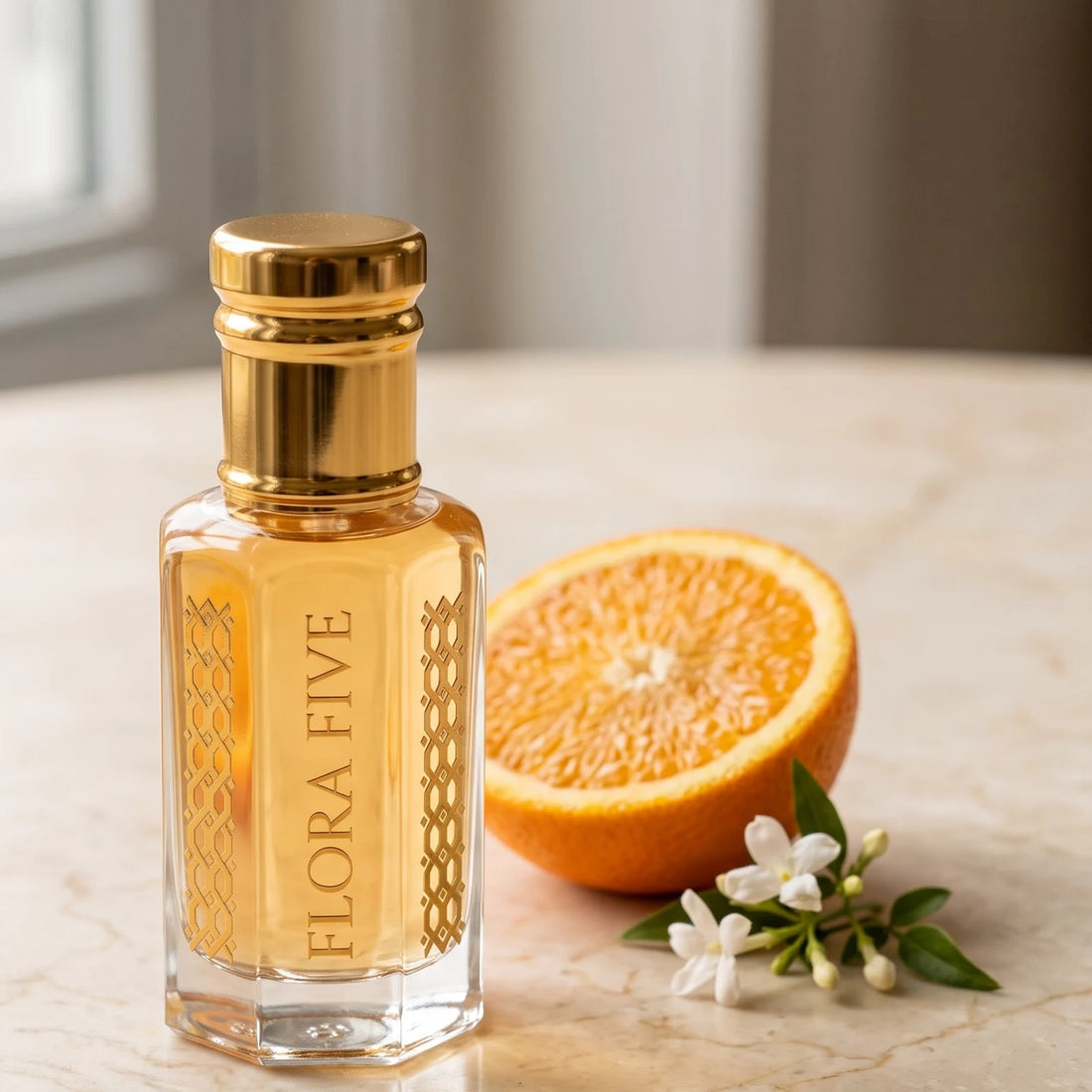 Chanel Coco Mademoiselle inspired attar for women by Flora Five: golden oil bottle on marble with orange and jasmine