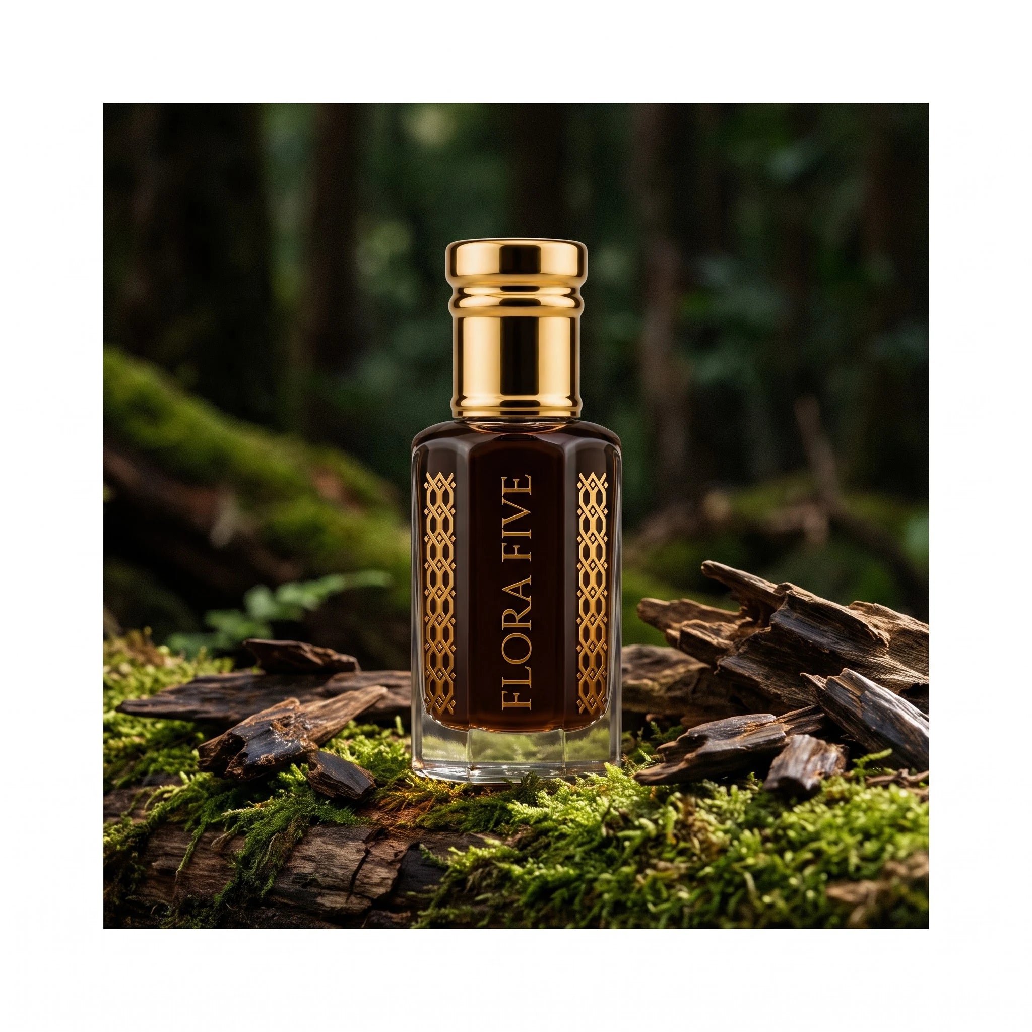 Dehn Al Oud Hindi by Flora Five — dark oud oil bottle on a mossy log with agarwood chips in a forest