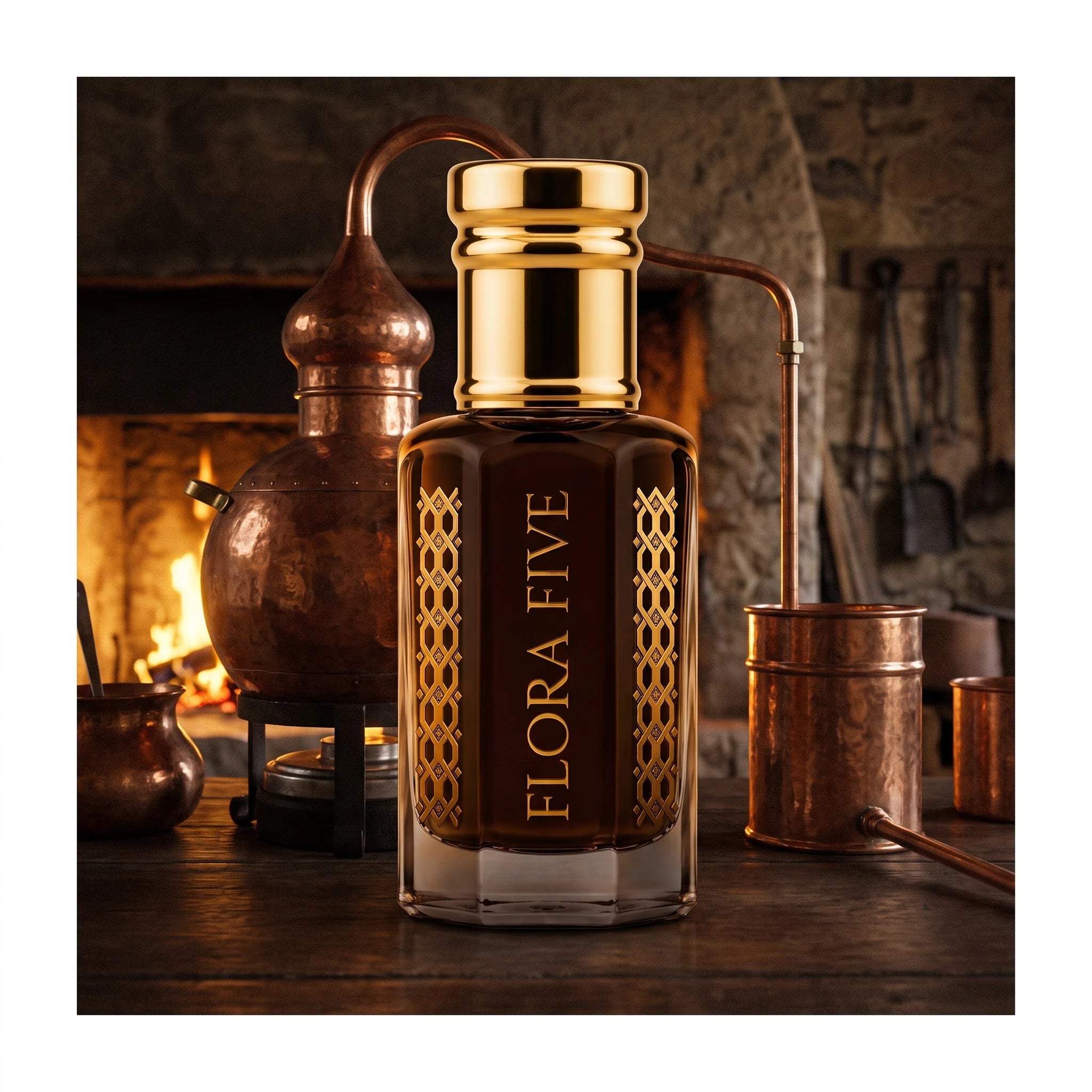 Dehn Al Oud Hindi by Flora Five — oud oil bottle before a copper distillation still and a fireplace in a stone workshop