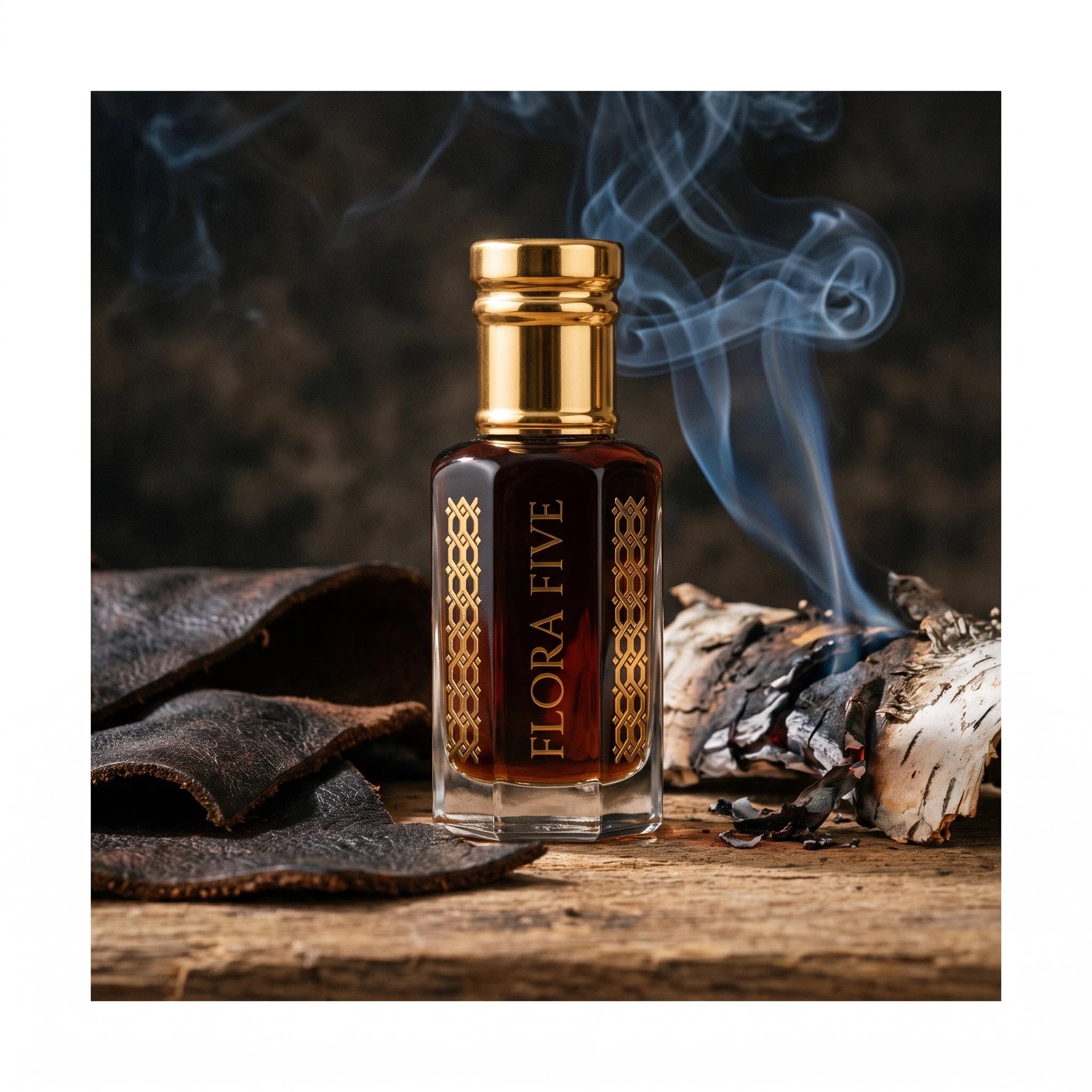 Dehn Al Oud Hindi by Flora Five — oud oil bottle beside worn leather and smouldering birch bark with rising smoke